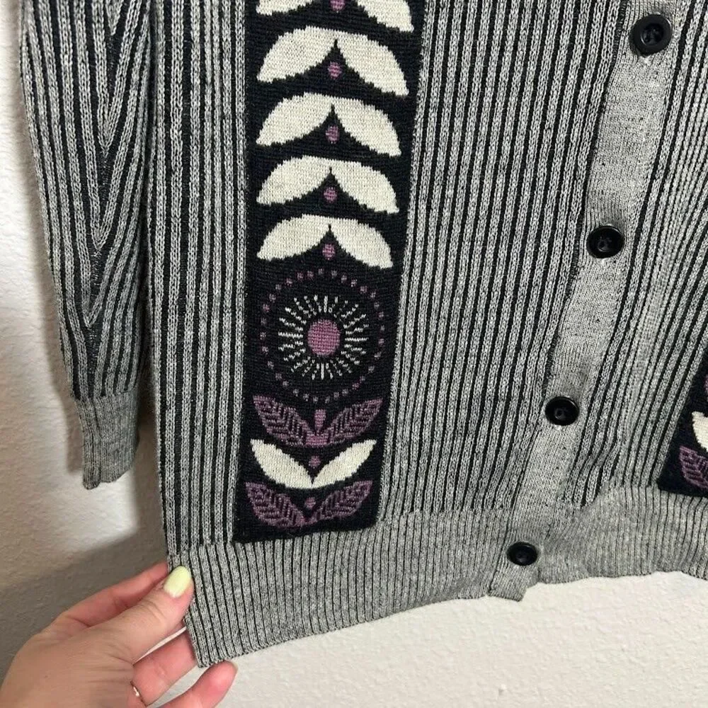 Anna Sui for James Coviello Cardigan Sweater M/L Gray Black Wool Blend Floral